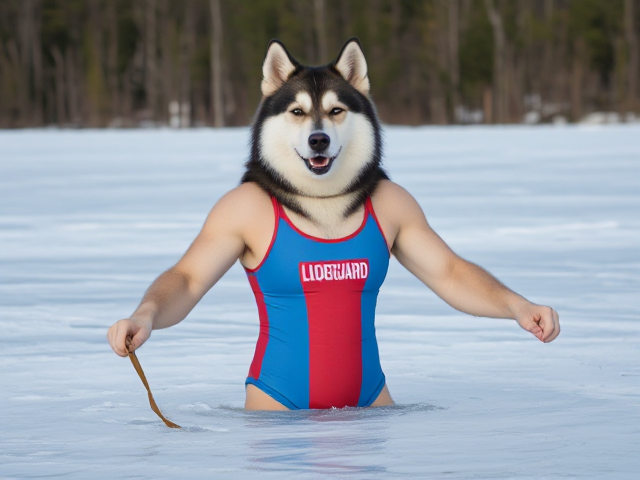 Anthropomorphic Alaskan malamute lifeguard one piece swimsuit ice bath