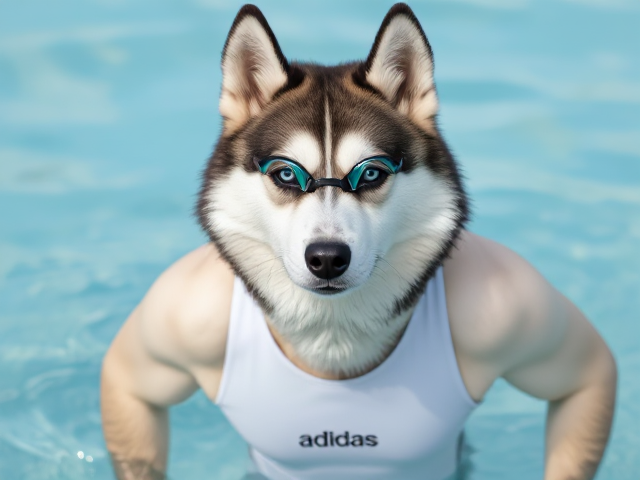 A anthropomorphic Siberian husky wearing an adidas swimsuit and swimming goggles