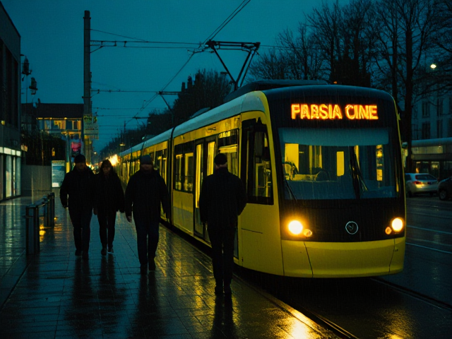Il pleut et fait quasiment nuit, je marche à coté d'un tram à l'extérieur, il y a des gens devant moi et le tram et éclairé. Les couleurs sont très jaune et bleue et l'image fait un peu image de film