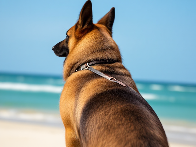 Anthropomorphic German shepherd, wearing a stylish high-cut swimsuit, set against a beach background, vibrant colors, detailed fur texture