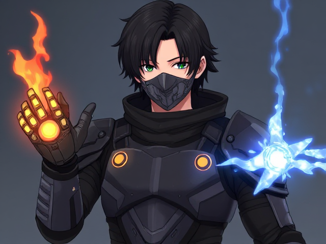 Young adult male with medium to long black hair wearing futuristic armor and futuristic gauntlet that’s on the right shoots ice and the right shoots fire and a wears a futuristic mask, anime