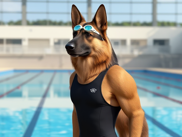 A tall and slender anthropomorphic long-haired German shepherd with a long torso and broad shoulders, wearing a racing swimsuit and swimming goggles while standing next to a Olympic-Sized swimming pool