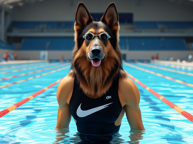 A tall anthropomorphic long haired German shepherd with a long torso and broad shoulders, wearing a high cut Nike one piece swimsuit and swimming goggles, in a Olympic swimming pool