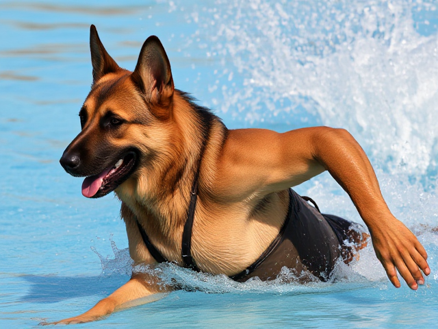 Anthropomorphic German shepherd playing water polo, intricately detailed swimsuit design with unique patterns, muscular and athletic physique, dynamic and powerful pose, sunlight glistening on the textured wet fur, vibrant and colorful aquatic setting with splashes of water
