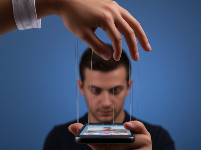fait moi une image représentant une manipulation des réseau sociaux avec une main marionnette sur un téléphone ou une personne regarde instagrame ( on voit la tête de la personne et la main manipulatrice a des files au bout des doight )