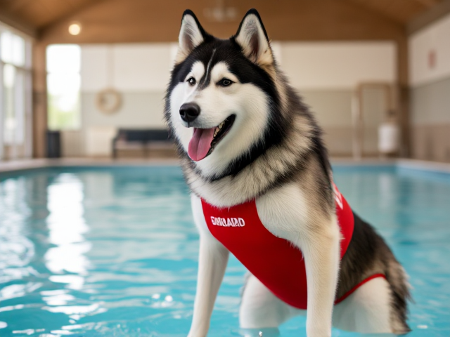 A anthropomorphic alaskan malamute wearing a red lifeguard one piece swimsuit. Indoor pool setting