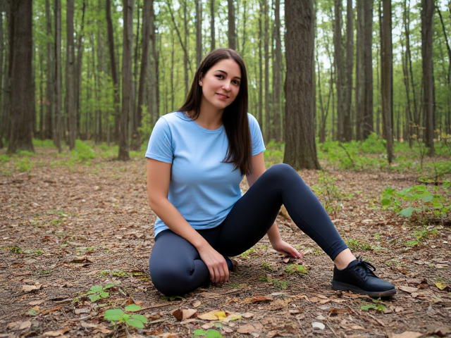 Brunette wearing a light blue t shirt and dark gray leggings found on her knees in the forest