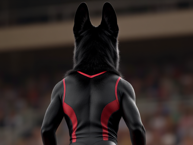 A anthropomorphic black German shepherd Olympic gymnast wearing a leotard