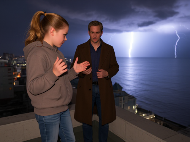 A petite 13-year-old girl with strawberry blonde hair in a ponytail, wearing a hooded pullover and jeans, is standing on the roof ledge of a night club. Next to her on the roof, standing nearby is a modern-day, pale skinned vampire in his late twenties, with blonde hair, dressed in a brown trench coat and jeans. He appears uneasy as he looks at her, holding his hands out and palms up, taking a step back. The girl gestures angrily at him with her hands, flailing her arms and scowling angrily at him in frustration. A thunderstorm approaches the cityscape from the sea shore. Set at night. The girl has a cut in her forehead.