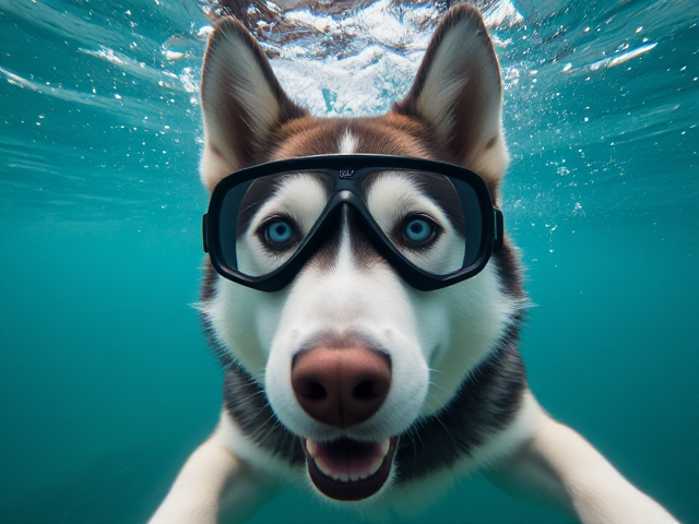 A Siberian Husky wearing Freediving goggles underwater
