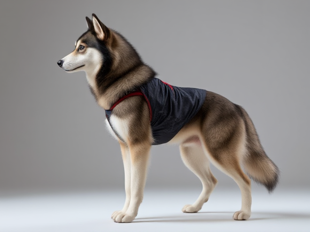 Anthropomorphic Alaskan malamute wearing a detailed high-cut leotard, standing in a dynamic pose, showcasing the texture of the fur and fabric, vibrant colors, well-lit scene