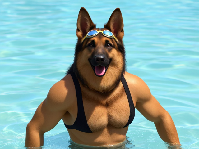 A anthropomorphic long-haired German shepherd with a long torso and broad shoulders wearing a one-piece swimsuit and swimming goggles