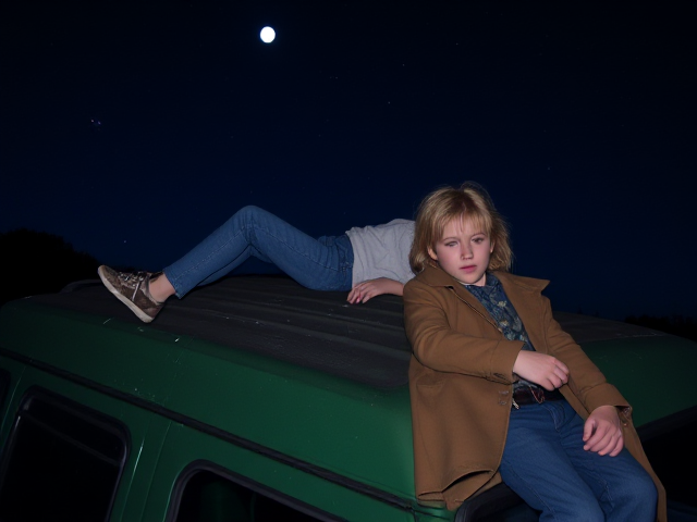 A petite, 12 year old girl with strawberry blonde hair, wearing a pullover and  jeans, laying on the roof of a green, 1987 Chevy van. She is on her back, staring up at the night sky, stargazing. Besides her sits a modern day vampire in his twenties, with blonde hair and wearing a brown trenchcoat and jeans. He looks down, uneasy.