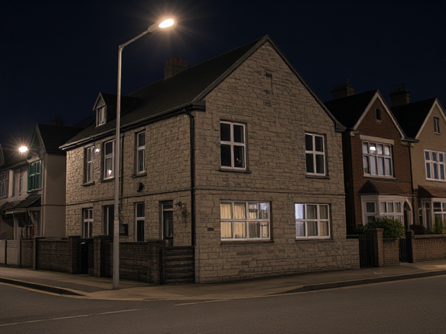 A grey stone big house  in a small suburb town with older duplex houses next to it at night on a side street on a small suburban town