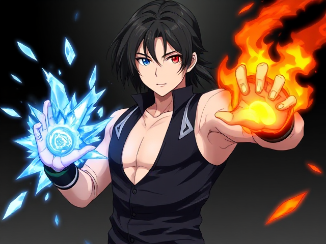 Young adult male with long black hair, wearing sleek futuristic style clothing. He displays special powers: his left arm is projecting icy shards while his right arm emits fiery flames. His eyes are distinct, with the left eye being a vivid blue and the right eye a striking red. Anime style, highly detailed and dynamic action pose