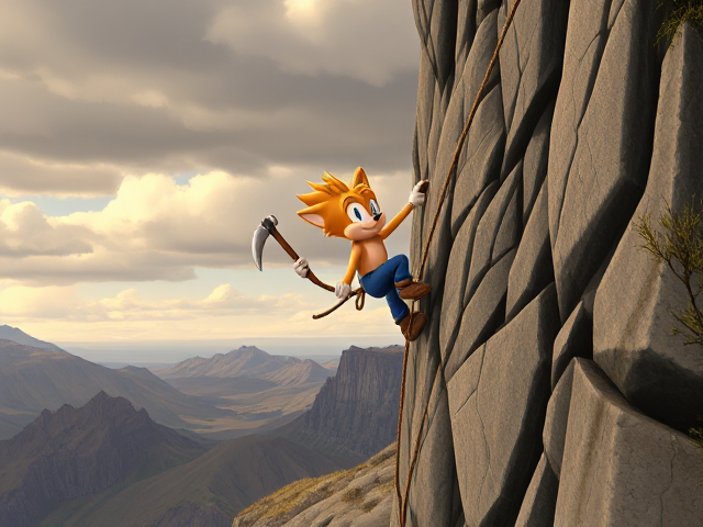 Miles Tails Prower, climbing a steep vertical cliff using only a rope and a pickaxe, intense determination on his face, detailed background of rugged terrain with jagged rocks and sparse vegetation, the sky above filled with dramatic clouds and distant mountains
