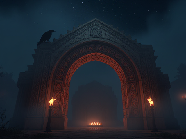 Créer une bannière, avec une grande arche en dégradé ornée de motifs complexes et anciens, atmosphère brumeuse et mystique, de nuit avec un ciel étoilé, des torches enflammées illuminent les alentours avec une lumière dansante, un corbeau perché sur l'arche regardant fixement vers l'horizon, des ombres mouvantes au sol ajoutent au mystère