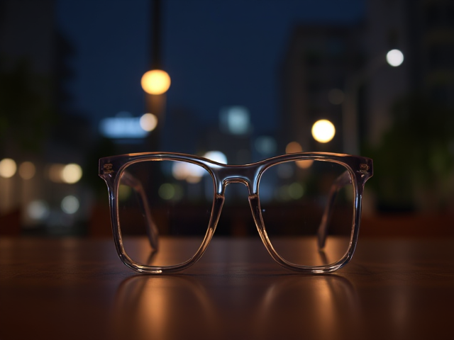 Square shaped, translucent thin framed glasses, sitting on a table, night time