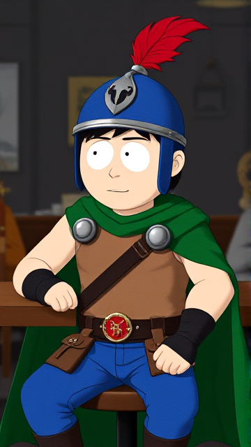 Dramatic South Park scene: Stan Marsh from South Park, light skin and black hair, but as a 14-Year Old teenager with a muscular body, wearing a light brown tank top, a black belt with brown pouches and a red buckle adorned with a castle emblem, with a few pouches and the scabbard for his sword attached to it, blue jeans, steel armored boots, jeweled wrist cuffs, a really big, heel-length long, ultra-wide green cape held up by two silver buttons with red jewels tethered by a strong wire connecting them both, and a blue helmet with one silhouetted buffalo head emblem on both sides, outlined by silver steel rims lined around and across the top, with a really long red feather sticking out at the top. He is now known as Sir Marsh. Despite still being a young teenage kid, he is the Youngest Commander of the Zaronian Army, and one of the youngest and greatest heroes hailing from South Park, Colorado, but now reborn as the real life Kingdom of Kupa Keep, Zaron. In this scene, the young teenage hero is currently sitting at a table in a restaurant, awaiting the arrival of someone he knows.