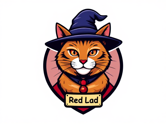 a cat with a wizard hat. A name tag around it's neck with the writing "Red Lad"