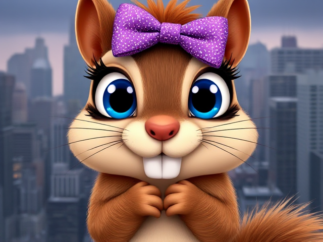 A repulsively cute cartoon squirrel with enormous, glistening watery blue eyes and long, thick eyelashes. It is wearing a sparkly purple bow on its head. The squirrel's paws are tucked under its chin as it cocks its head slightly to the side. It has soft brown fur and two huge large front teeth. The background is set in a detailed cityscape of Minneapolis, MN.