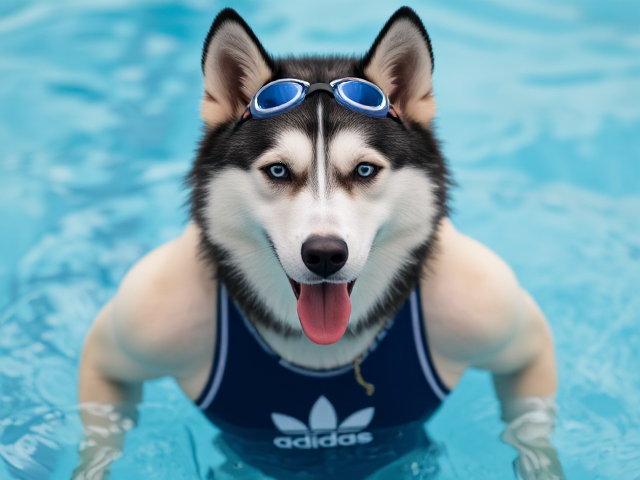 A anthropomorphic Siberian husky wearing an adidas swimsuit and swimming goggles