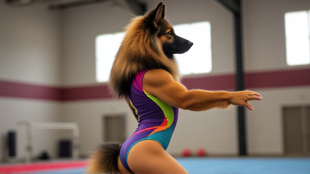 Anthropomorphic Long-Haired German Shepherd wearing a vibrant gymnastics leotard, posing dynamically in a gym setting, detailed fur texture and realistic lighting