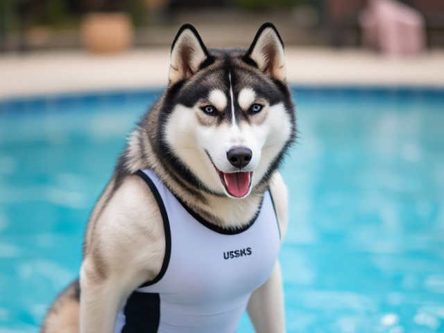 A anthropomorphic Siberian husky wearing an athletic swimsuit