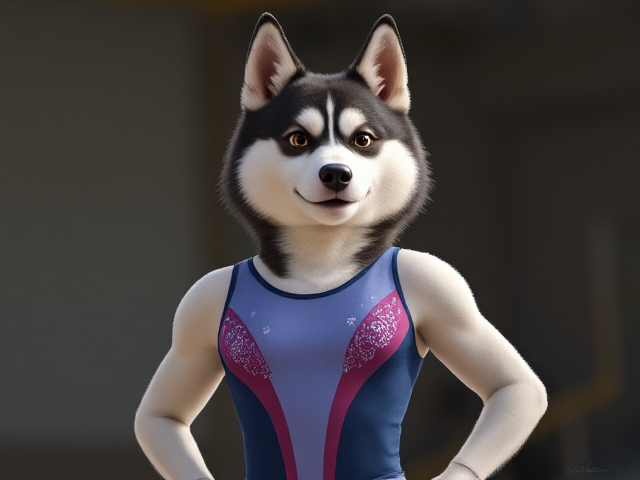 A anthropomorphic Siberian husky Olympic gymnast wearing a leotard