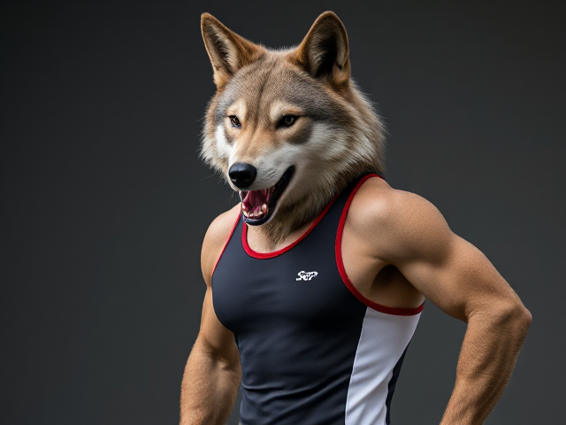 A anthropomorphic wolf wearing a sports swimsuit
