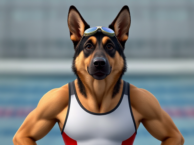 A tall anthropomorphic German shepherd Olympic swimmer with a long torso and broad shoulders wearing a racing swimsuit and goggles