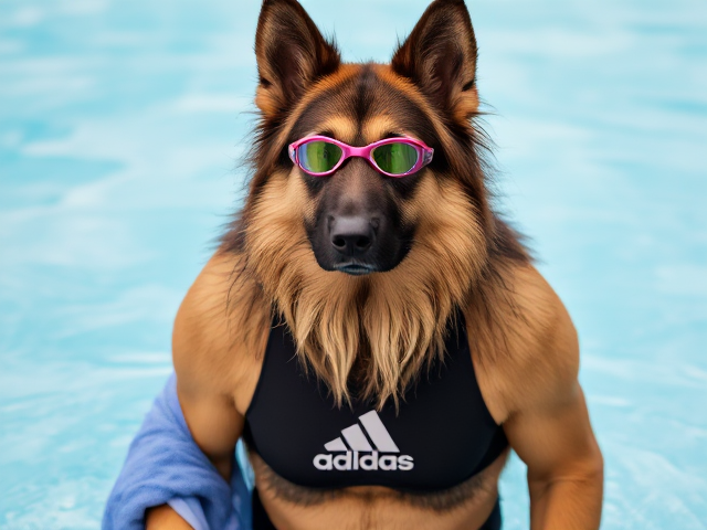 A tall anthropomorphic long haired german shepherd wearing an adidas swimsuit and swimming goggles drying off with a towel