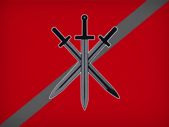 Drapeau rectangulaire avec un fond rouge foncé uni.
Au centre, un sabre stylisé, cassé en deux parties verticalement alignées mais légèrement décalées, avec un fin contour gris clair autour du sabre pour le faire ressortir, sans liseré blanc.
Le sabre doit avoir une forme courbée caractéristique d’un katana (pas une épée droite), avec une lame simple et une poignée minimaliste.
Une large bande diagonale gris acier traverse le drapeau de bas gauche vers haut droit, passant derrière le sabre.
Le style global est simple, moderne et minimaliste, avec une atmosphère sombre et menaçante.