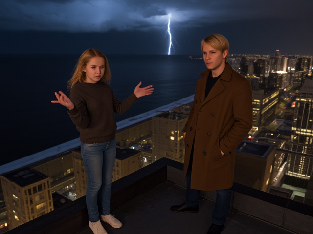 A petite 13-year-old girl with strawberry blonde hair, wearing a pullover and jeans, is standing on the roof ledge of a night club. Next to her on the roof, standing nearby is a modern-day, pale skinned vampire in his late twenties, with blonde hair, dressed in a brown trench coat and jeans. He appears uneasy as he looks at her. The girl gestures angrily at him, flailing her arms outwards and scowling at him. A thunderstorm approaches the cityscape from the sea shore. Set at night.