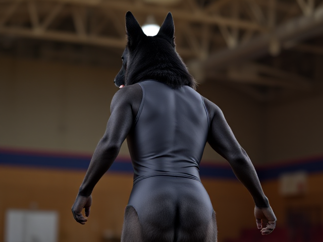Anthropomorphic black German shepherd with broad shoulders wearing a gymnastics leotard in a gymnasium setting, dynamic pose, high detail, vibrant colors