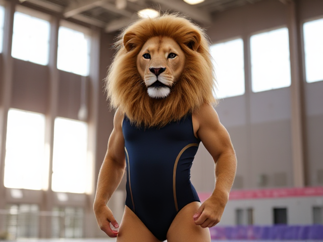 Lion wearing a gymnastics leotard in a gymnasium, vibrant colors, dynamic pose, detailed fur texture, sunlight streaming through windows