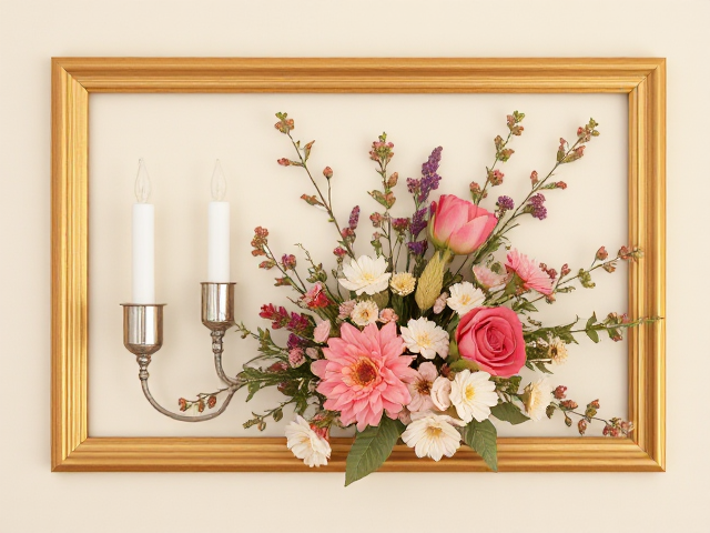 Maak een vintagestijl banner met een zachte, crèmekleurige achtergrond. De banner heeft een gouden frame met ingewikkelde bloemendetails. Binnen het frame staan ​​delicate zilveren kandelaars met brandende witte kaarsen. Een boeket van levendige wilde bloemen in tinten roze, paars en geel is naast de kaarsen geplaatst. De algehele compositie straalt een gevoel van warmte, comfort en nostalgie uit.