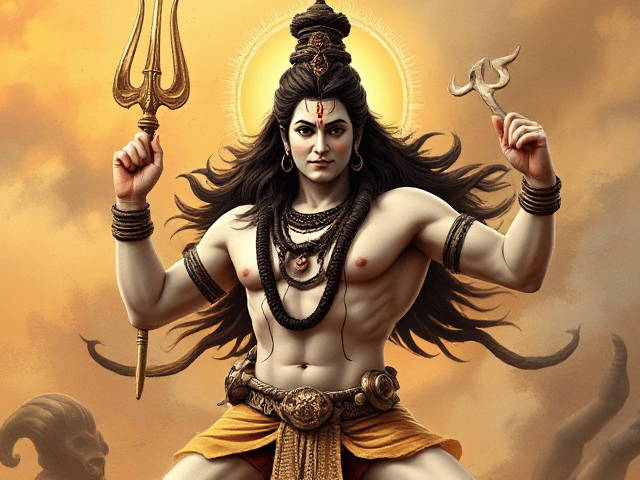 lord shiva muscular realistic  with trishul dancing 2d image like a  drawing