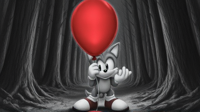 Tails the Fox gets very scared in the dark spooky forest holding a big red rubber balloon with his knees touching inwards SEGA Video Game