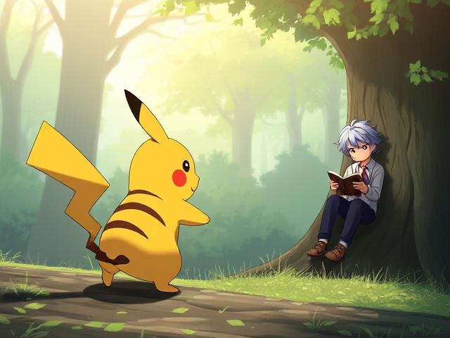 Un pikachu qui poursuit un garçon avec de cheveux longs et une queue de cheval à côté il y’a un garçon avec les cheveux courts et lisse qui lit un livre sur un arbre