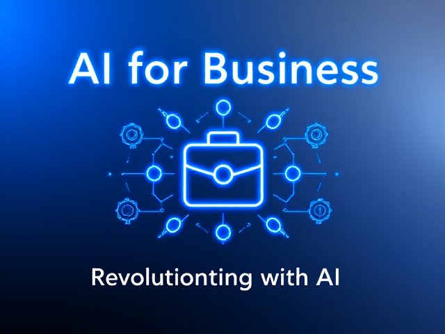 A sleek and modern design featuring a central business icon such as a briefcase or chart, surrounded by glowing AI nodes and interlocking gears to symbolize AI integration into workflows, set on a gradient background transitioning from vibrant blue to silver, with the text "AI for Business" in bold, futuristic typography glowing in neon blue, positioned prominently at the top, and the tagline "Revolutionizing with AI" in smaller, sleek white font below, the lighting is clean and dynamic, evoking professionalism and innovation --v 5 --stylize 1000