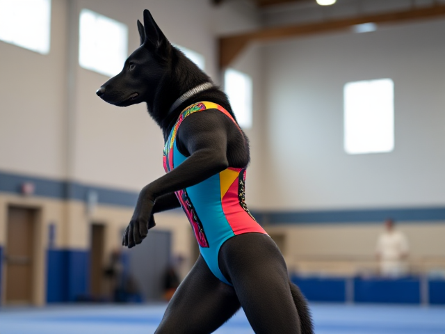 Anthropomorphic black German shepherd with strong hips, wearing a colorful gymnastics leotard, performing in a gymnasium setting, dynamic pose
