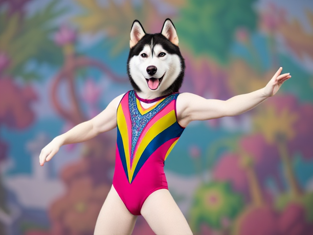 Anthropomorphic Siberian husky in a colorful gymnastics leotard, striking a dynamic pose, vibrant background