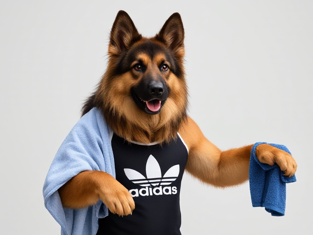 A tall anthropomorphic long haired german shepherd wearing an adidas swimsuit drying off with a towel