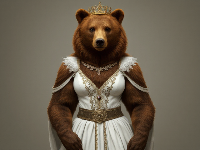 Image d'une femelle ours brun qui se tient debout
Habillé en princesse du moyen-âge, robe blanche