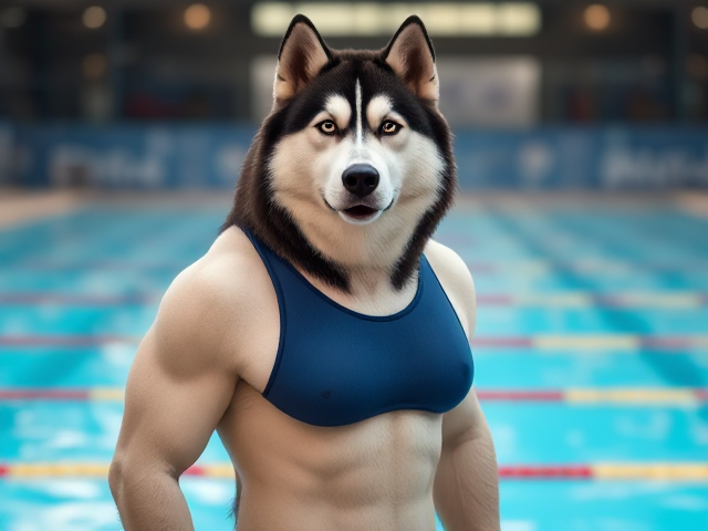 A tall Alaskan malamute Olympic swimmer with broad shoulders wearing a swimsuit, standing on a pool deck