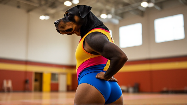 Anthropomorphic Rottweiler wearing a vibrant, colorful gymnastics leotard, highlighting strong and muscular hips, set in a lively gymnasium with bright lighting and energetic atmosphere