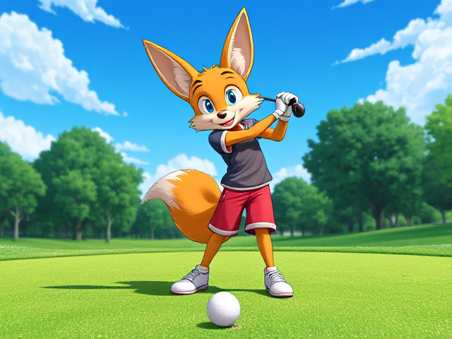Miles Tails Prower, the two-tailed anthropomorphic fox, on a golf course teeing off from the green, performing an improbable trick shot where he hits the ball behind himself, wearing a sporty outfit with vibrant colors, surrounded by lush greenery and blue skies, showcasing dynamic motion and expression