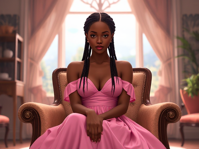 jeune femme noire de 19 ans avec des tresses, portant une élégante robe rose, assise gracieusement sur une chaise dans un environnement lumineux et détaillé