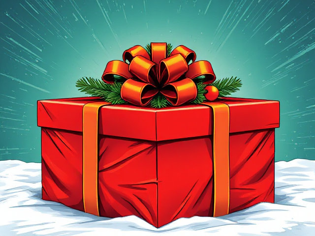 Christmas gift in red wrapping with the top open.